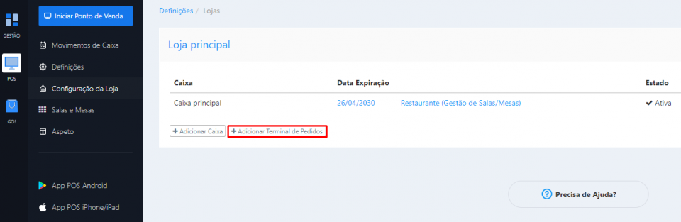 Adicionar terminal de pedidos
