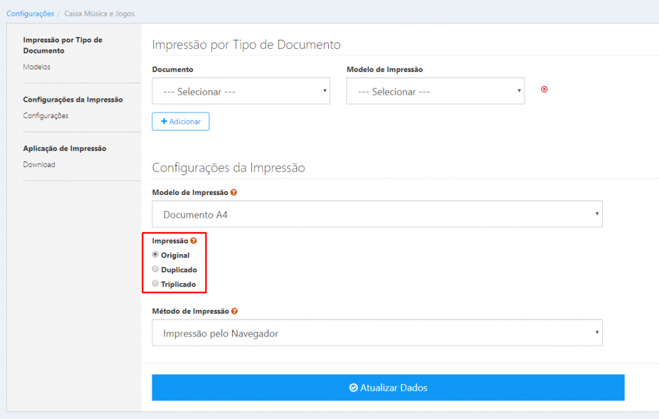 Menu de Configurações de Impressão