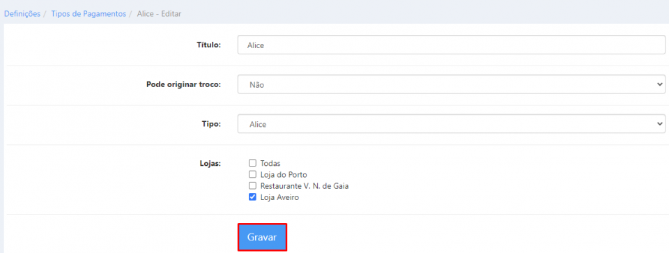 Editar tipo pagamento