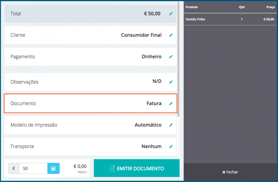Emissão de Fatura Simplificada - POS