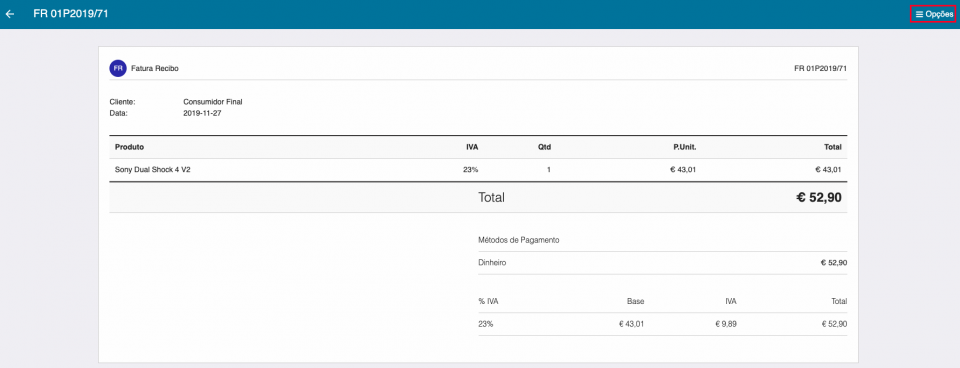 App - Fatura > Opções