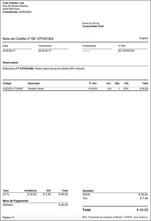 Exemplo de Nota de Crédito