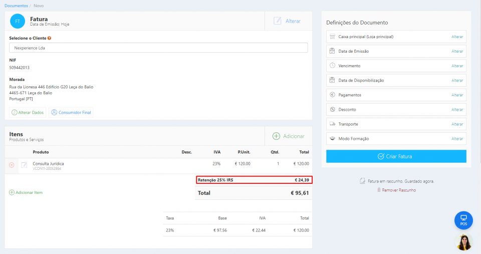 Valor da Retenção no Backoffice