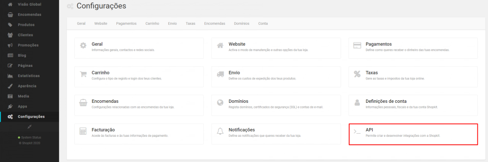 Configurações > API